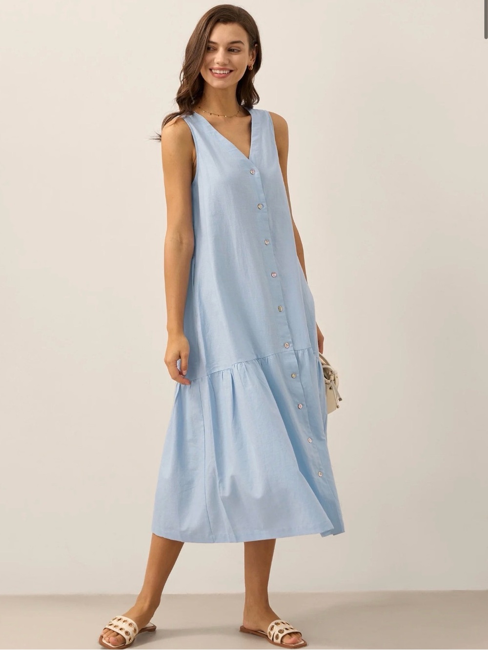 NWT Lintico Sleeveless V-Neck Button-Front Midi Linen Dress -M